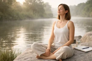 Woman practicing mindful breathing near window
