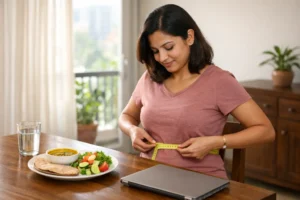 Woman measuring waist after 30 weight loss