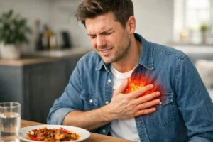 Person experiencing acidity and heartburn after eating spicy food
