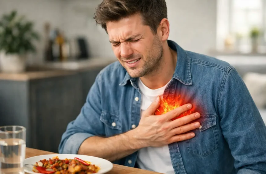 Person experiencing acidity and heartburn after eating spicy food