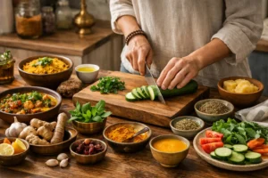 Ayurvedic diet plan for beginners with fresh vegetables, herbs, turmeric, and home-cooked meal preparation
