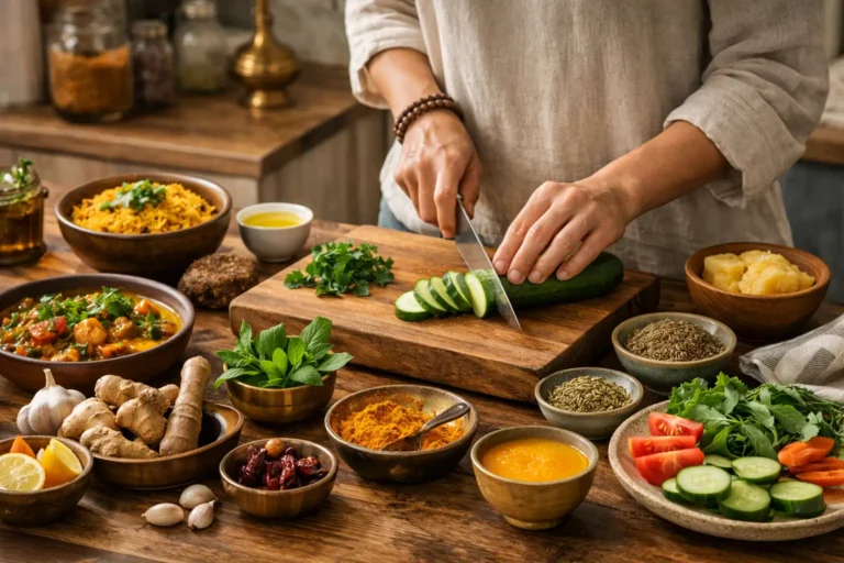 Ayurvedic Diet Plan for Beginners (Simple Guide) 2 Ayurvedic diet plan for beginners with fresh vegetables, herbs, turmeric, and home-cooked meal preparation