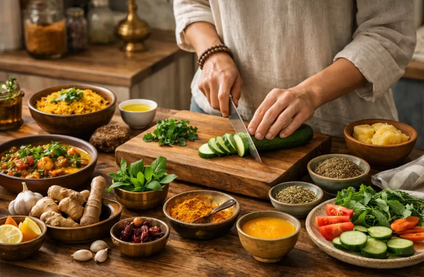 Ayurvedic diet plan for beginners with fresh vegetables, herbs, turmeric, and home-cooked meal preparation