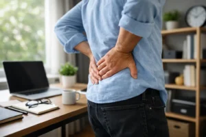 Person experiencing lower back pain while standing at desk