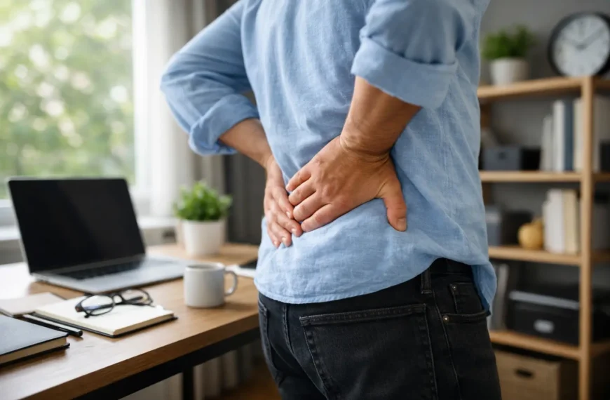 Person experiencing lower back pain while standing at desk