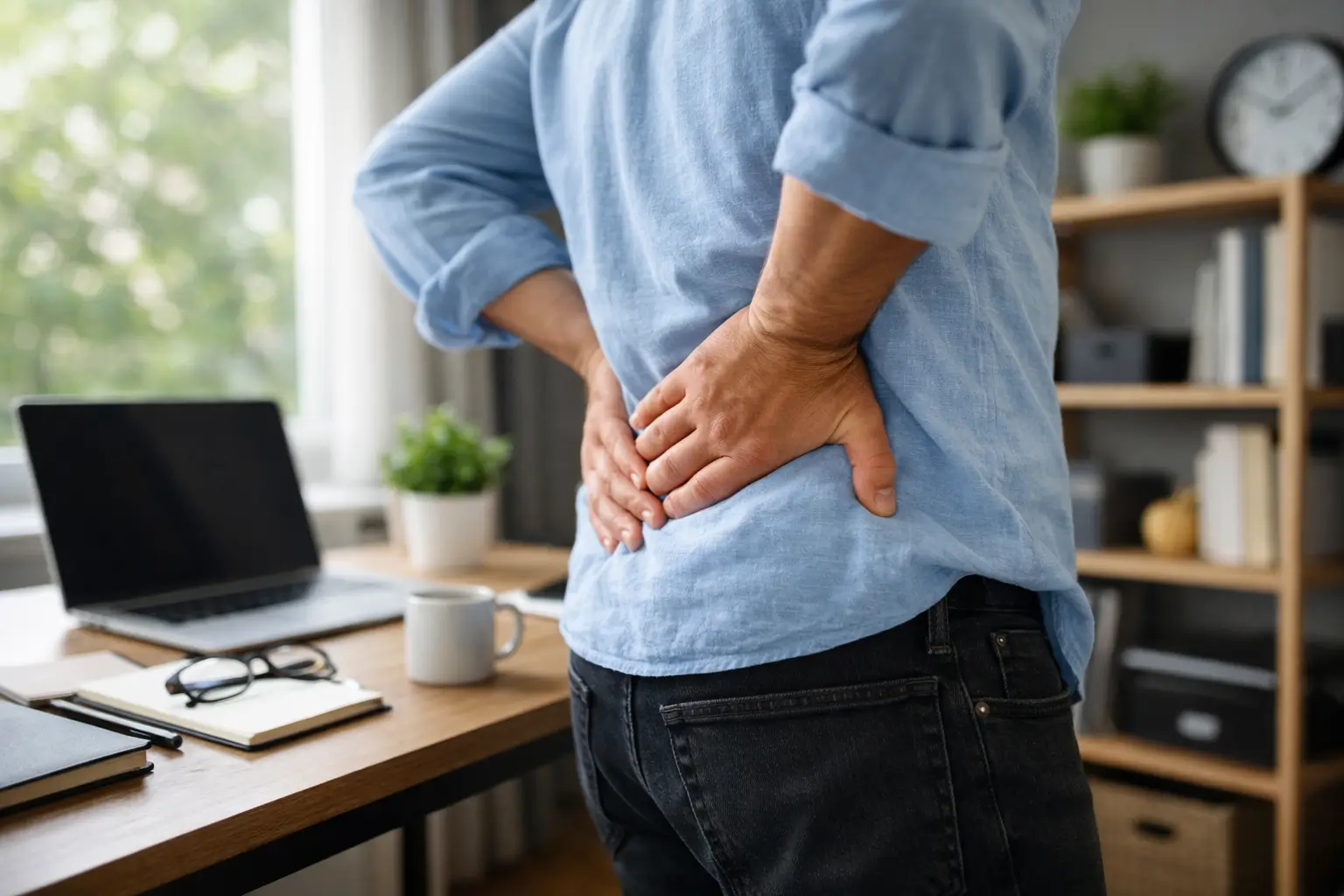 Person experiencing lower back pain while standing at desk