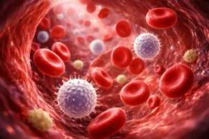 Types of blood cells flowing inside human bloodstream