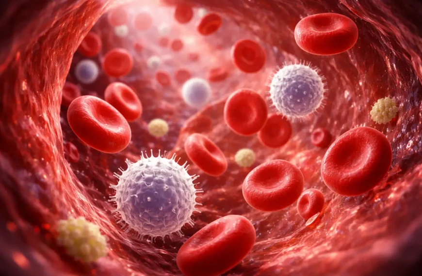 Types of blood cells flowing inside human bloodstream