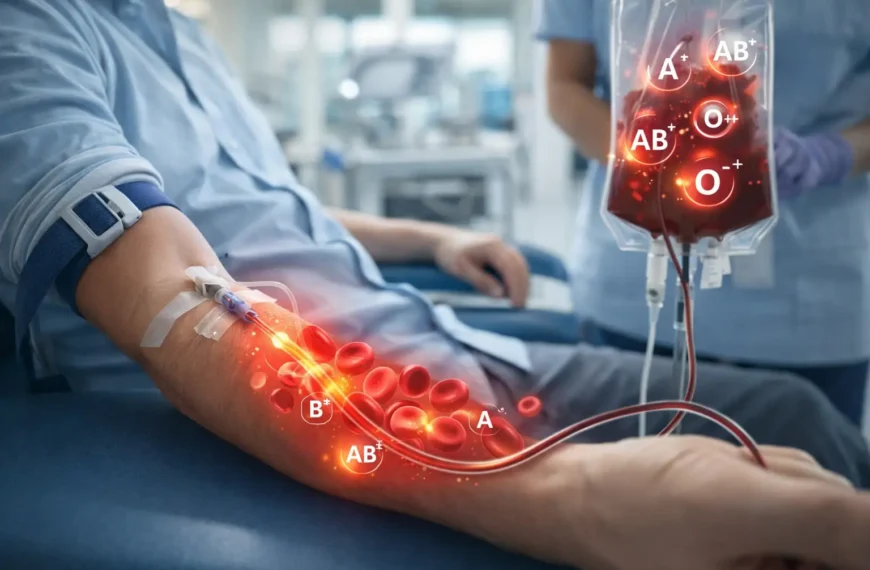 Blood donation illustration showing different blood groups and red blood cells.