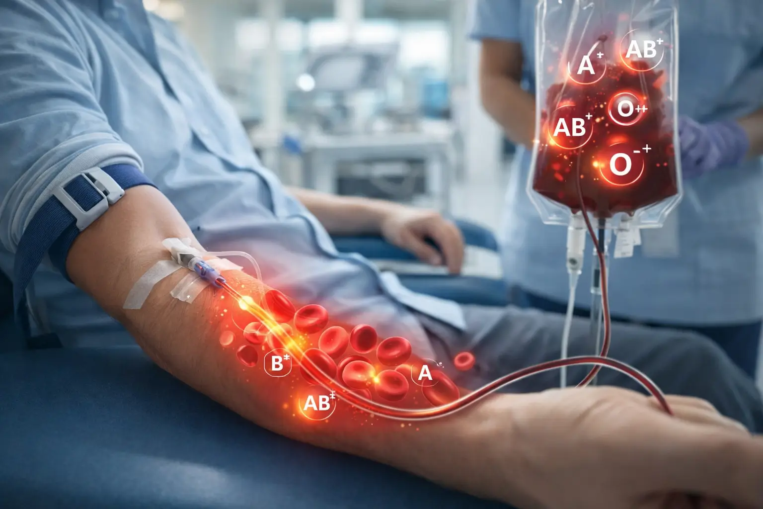 Blood donation illustration showing different blood groups and red blood cells.