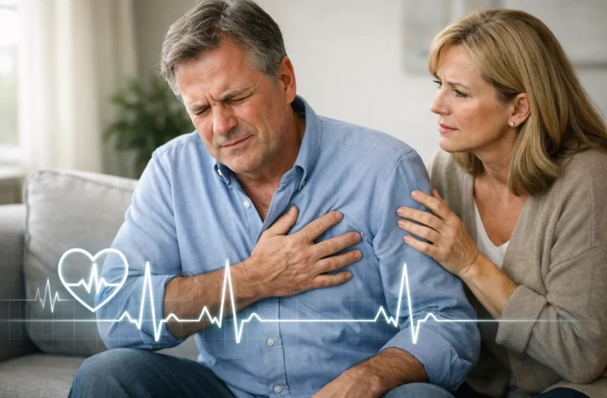 Man experiencing warning symptoms of cardiac arrest while holding chest