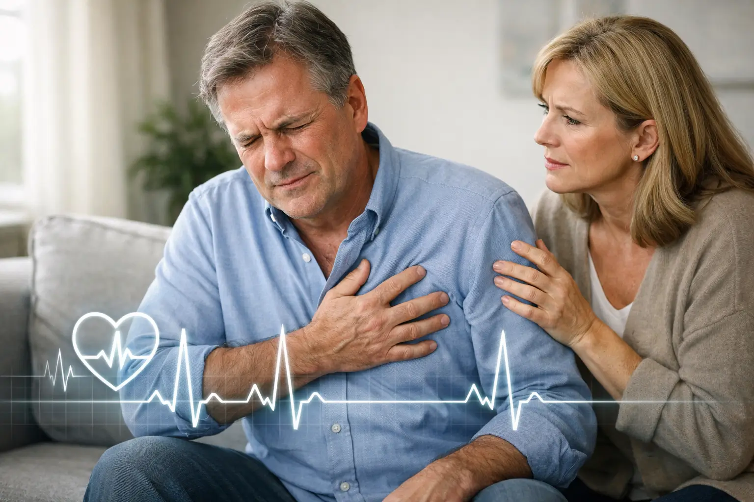 Man experiencing warning symptoms of cardiac arrest while holding chest