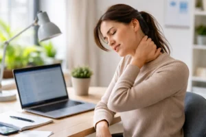 Person experiencing cervical neck pain while working on computer