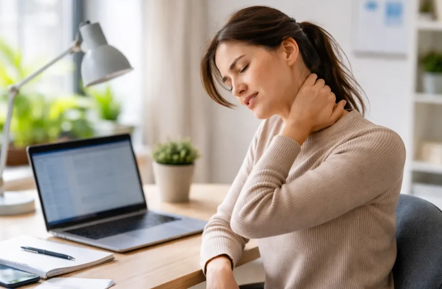 Person experiencing cervical neck pain while working on computer