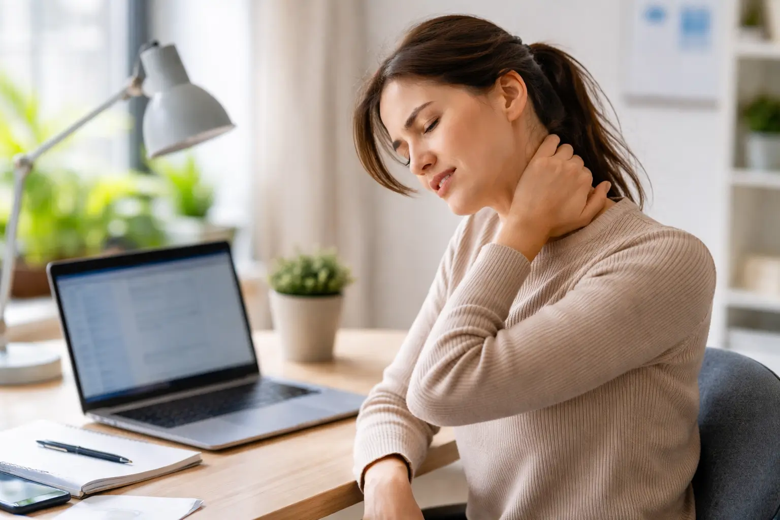 Person experiencing cervical neck pain while working on computer