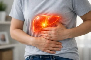 Fatty liver symptoms illustration showing abdominal discomfort