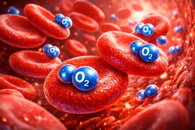 Hemoglobin in red blood cells transporting oxygen in bloodstream