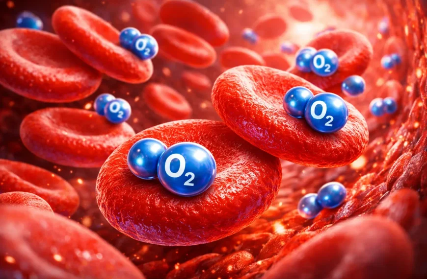 Hemoglobin in red blood cells transporting oxygen in bloodstream