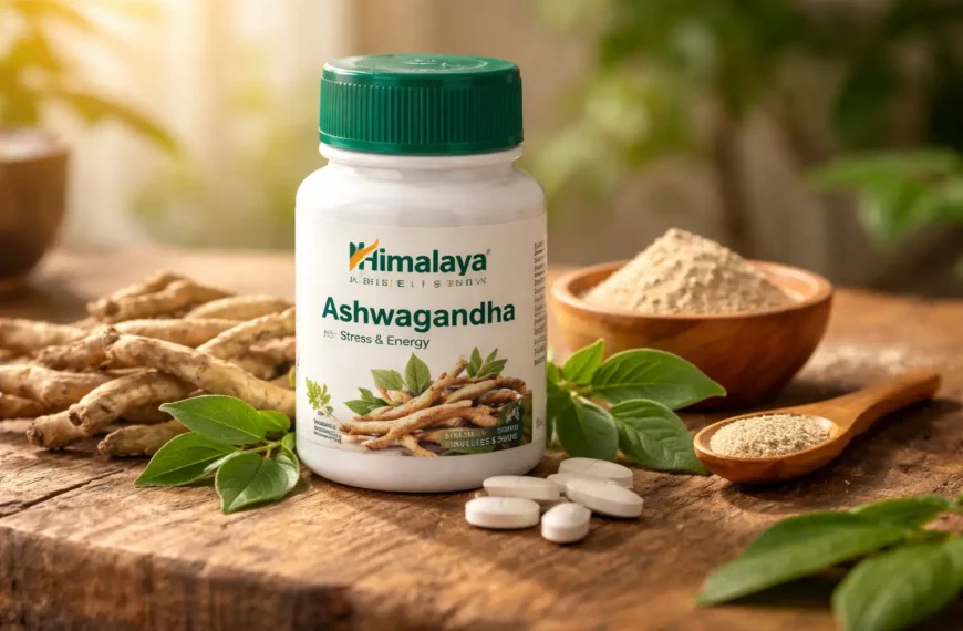 Himalaya Ashwagandha tablets with herbal roots on wooden table