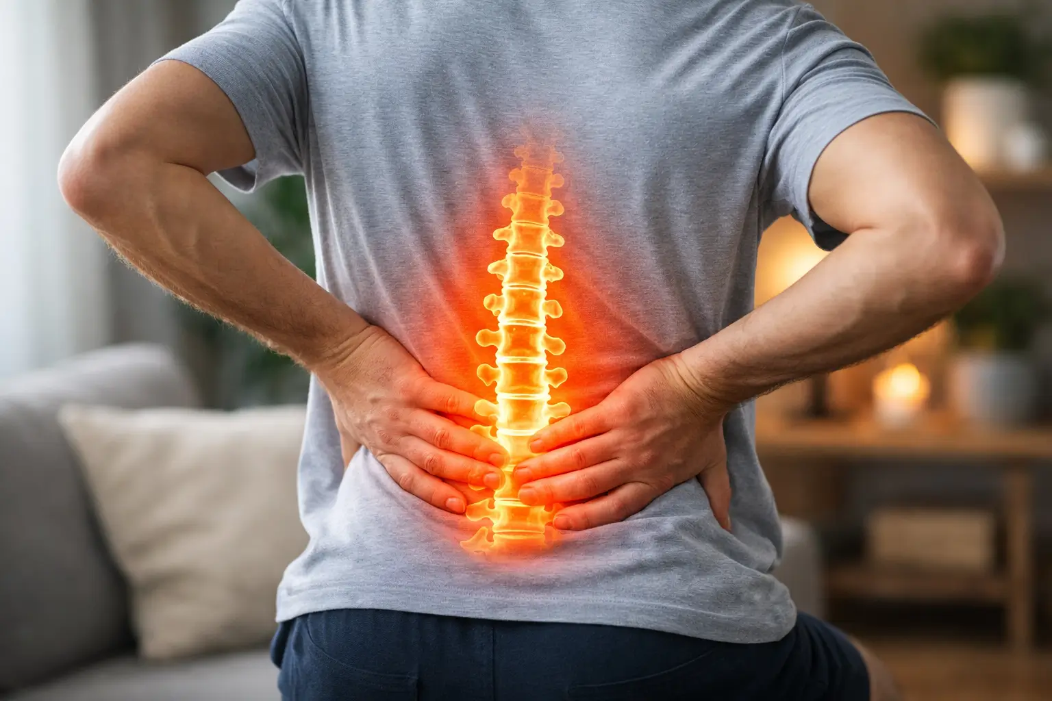 Person experiencing lower back pain with natural remedy concept.