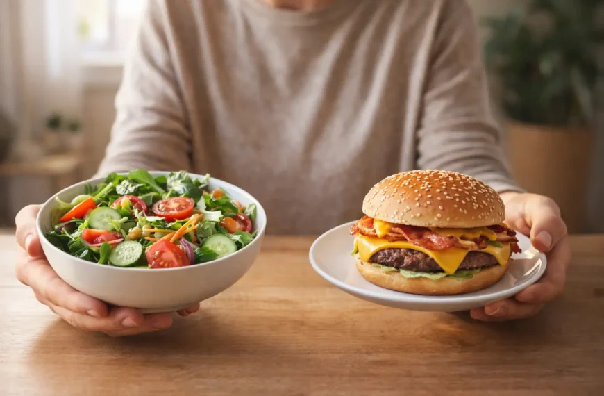 Balanced diet concept showing healthy food versus junk food choices