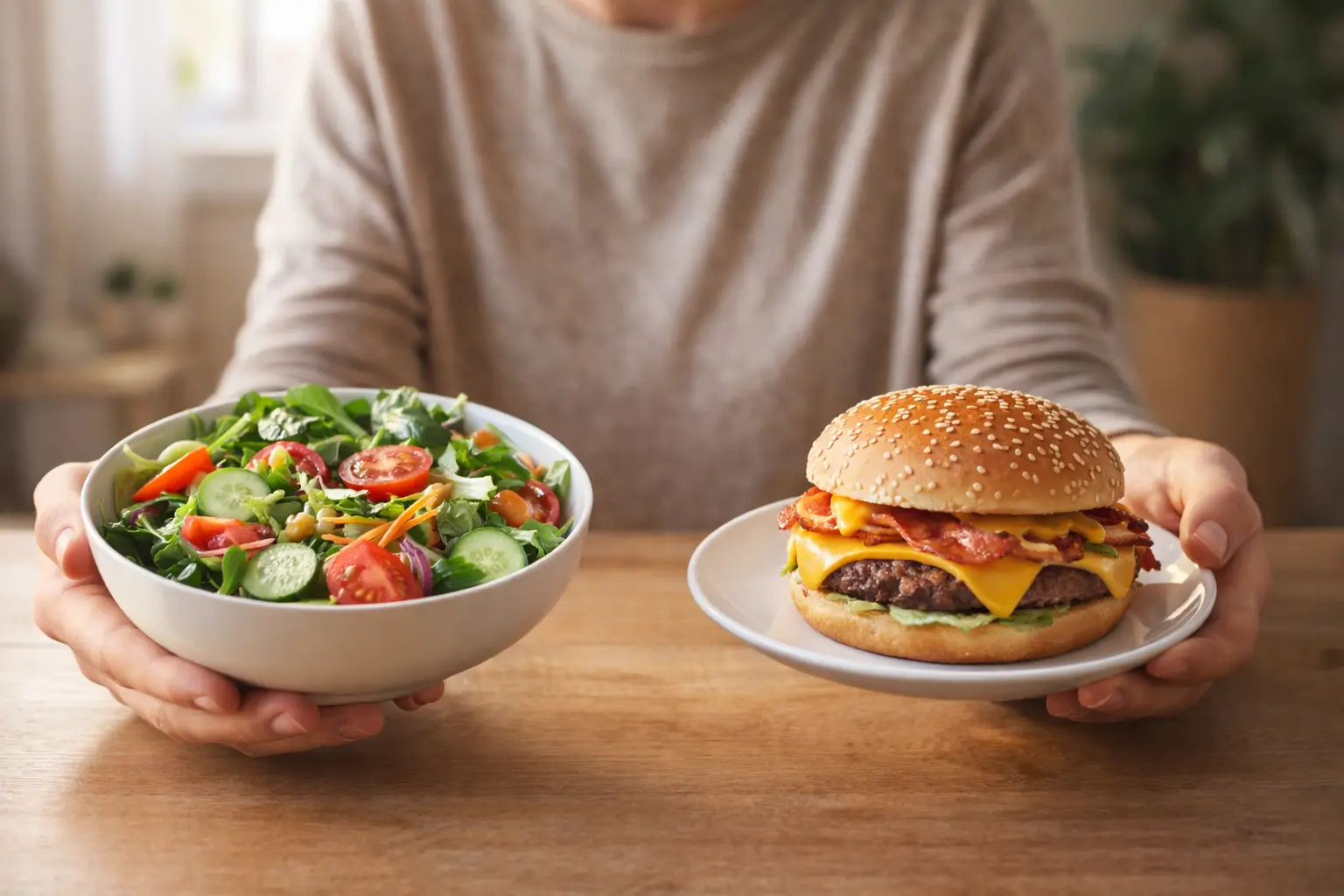 Balanced diet concept showing healthy food versus junk food choices