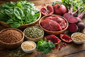 Iron rich foods including spinach, lentils and pumpkin seeds for improving blood health