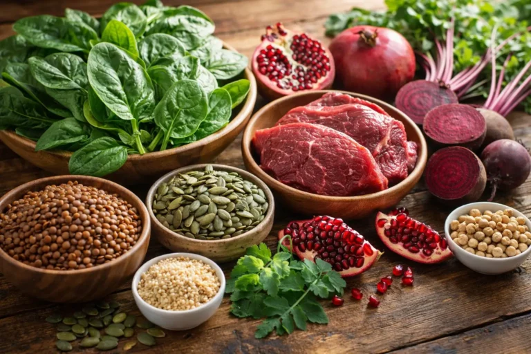 Iron rich foods including spinach, lentils and pumpkin seeds for improving blood health