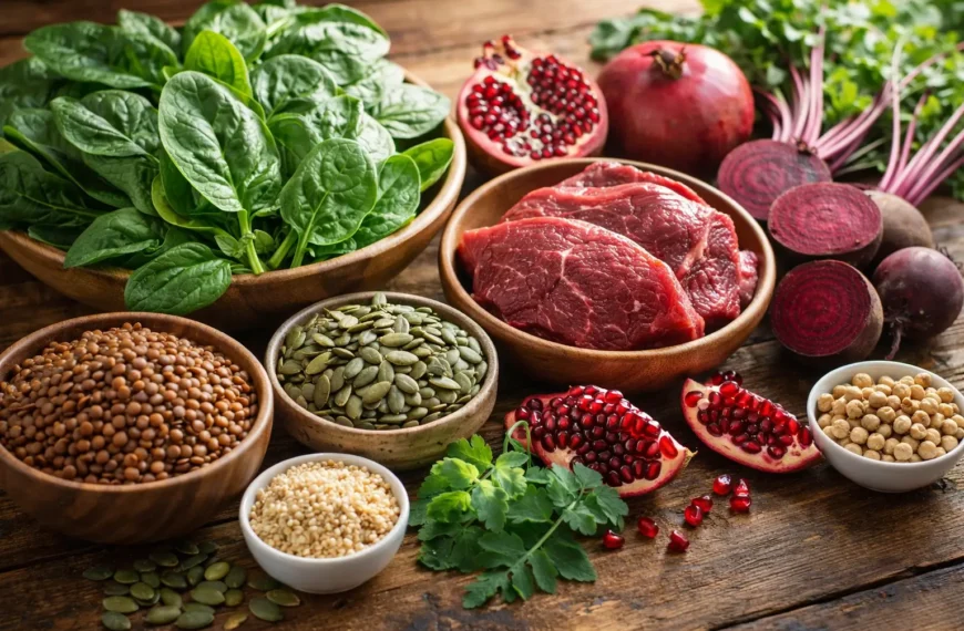 Iron rich foods including spinach, lentils and pumpkin seeds for improving blood health