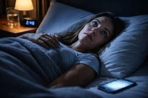 Person lying awake at night experiencing insomnia or isomania