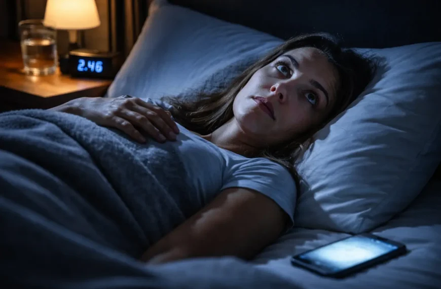 Person lying awake at night experiencing insomnia or isomania