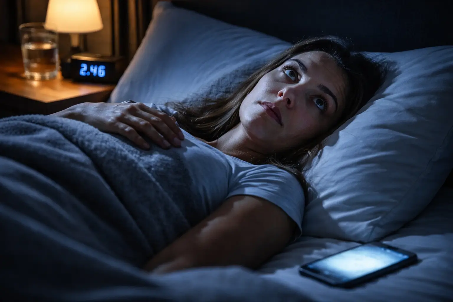 Person lying awake at night experiencing insomnia or isomania