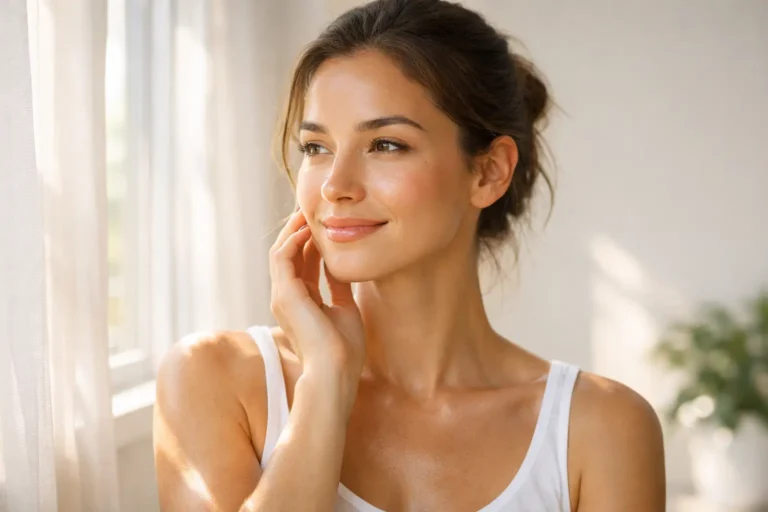 Woman with naturally glowing healthy skin in natural sunlight