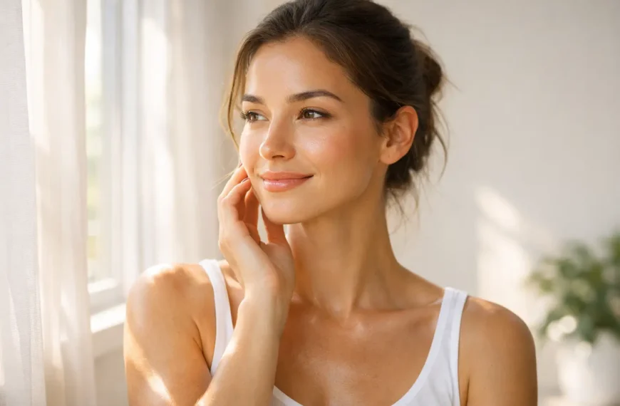 Woman with naturally glowing healthy skin in natural sunlight