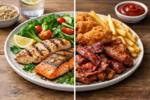 Non veg vs health comparison showing healthy and unhealthy meat options