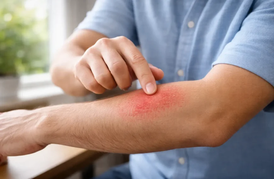 Person examining red irritated skin rash infection on arm