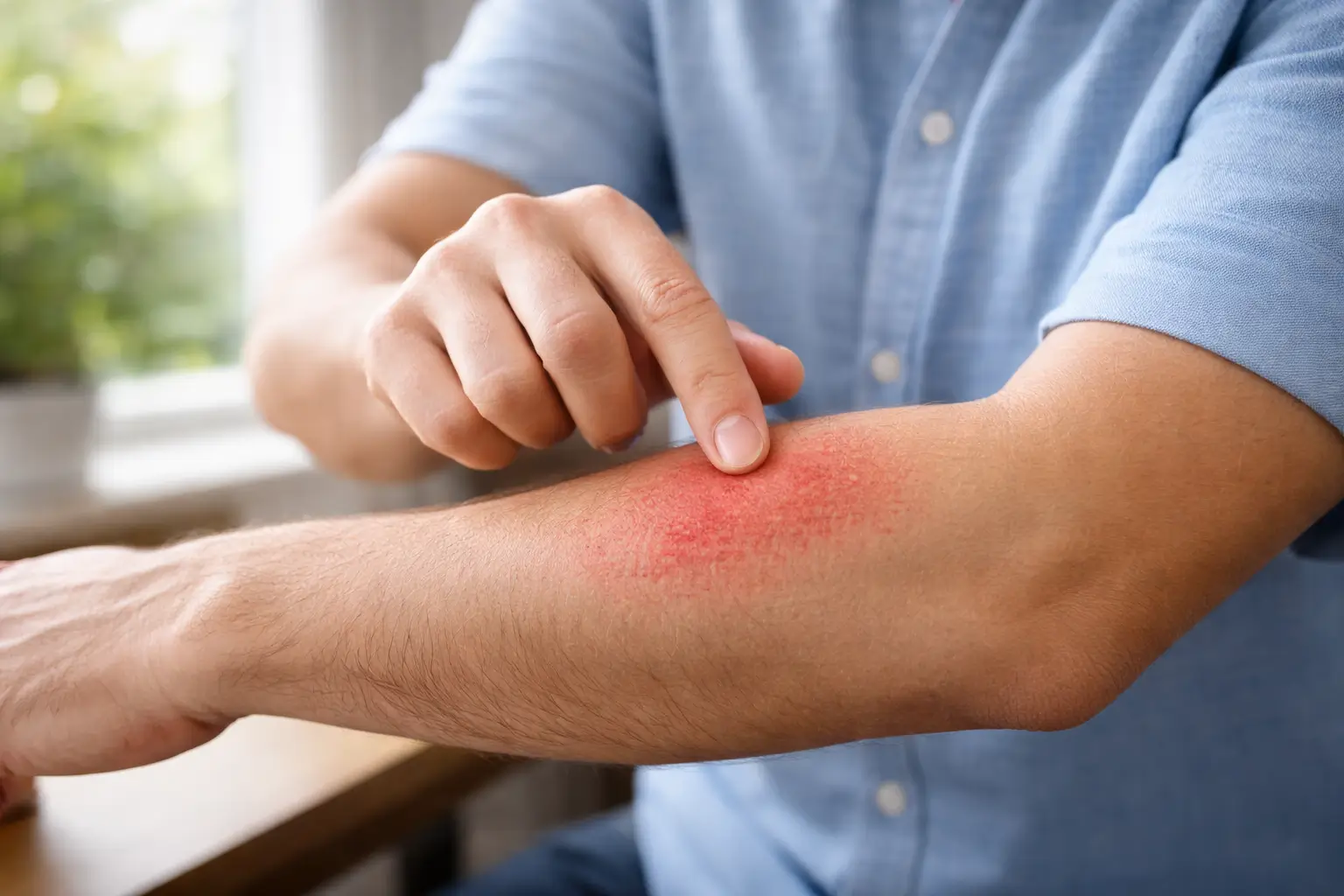Person examining red irritated skin rash infection on arm