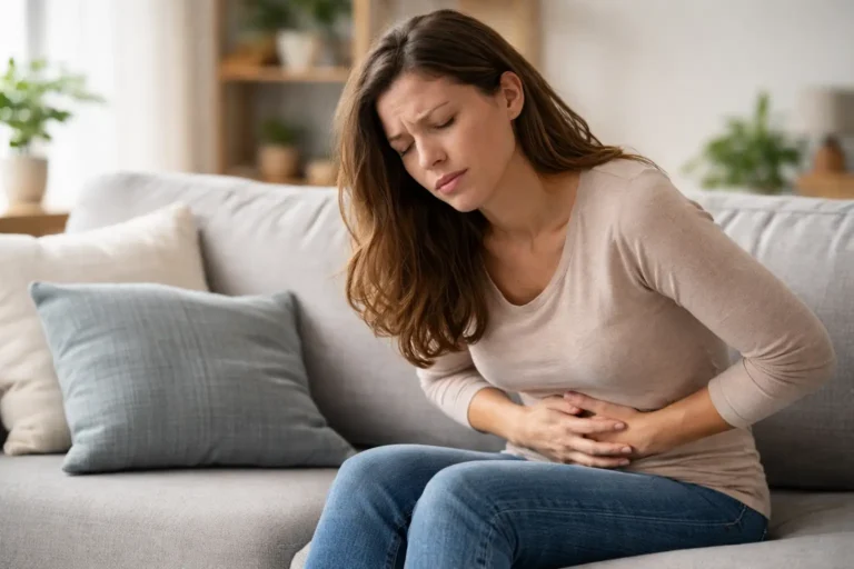 Person holding stomach experiencing abdominal pain