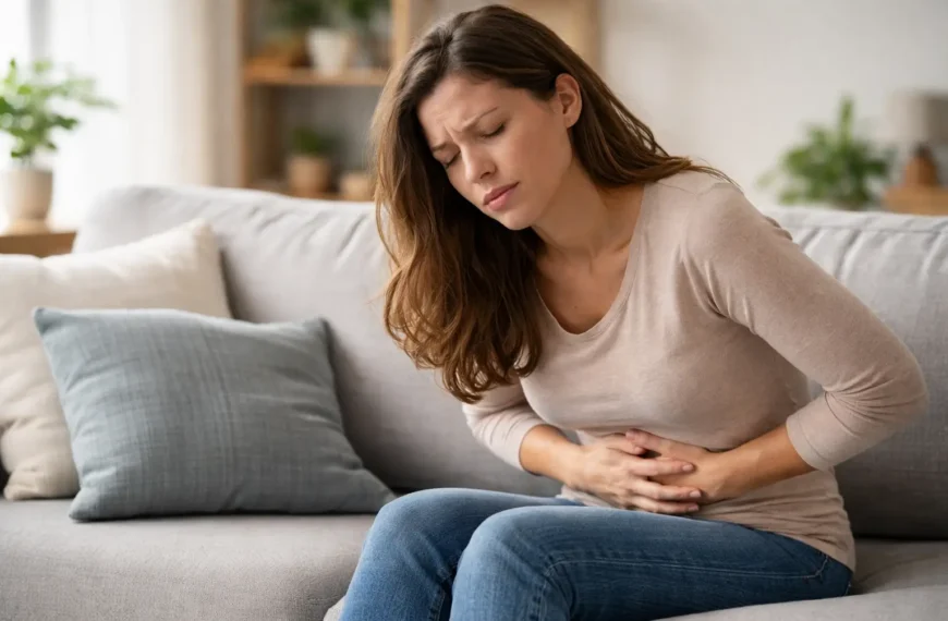 Person holding stomach experiencing abdominal pain