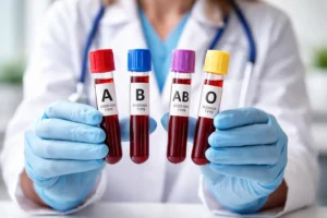 Blood group samples labeled A, B, AB, and O in a clinical setting