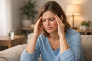 Person relieving headache by massaging temples at home