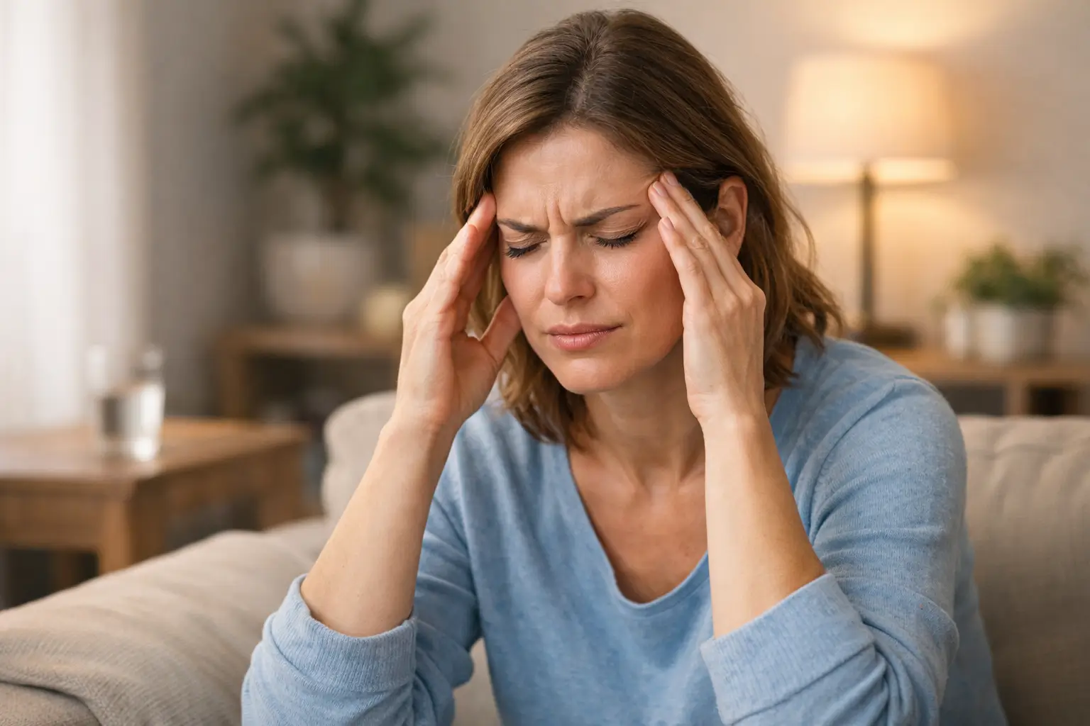 How to Get Rid of Headache Fast (15 Instant Relief Tips) 1 Person relieving headache by massaging temples at home