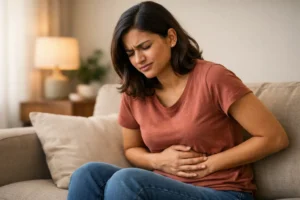 Person experiencing stomach gas and bloating discomfort