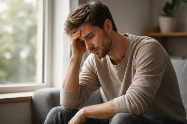 Person sitting and overthinking deeply in a calm indoor setting