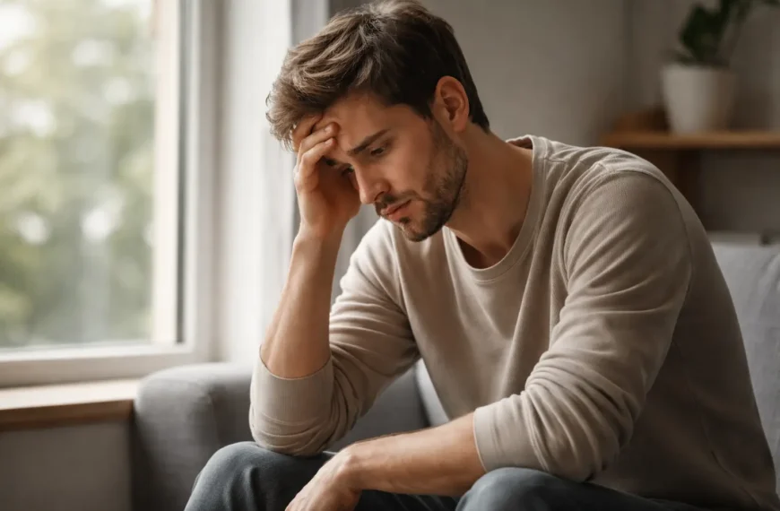 Peaceful Health: Daily Health Tips at Home 11 Person sitting and overthinking deeply in a calm indoor setting