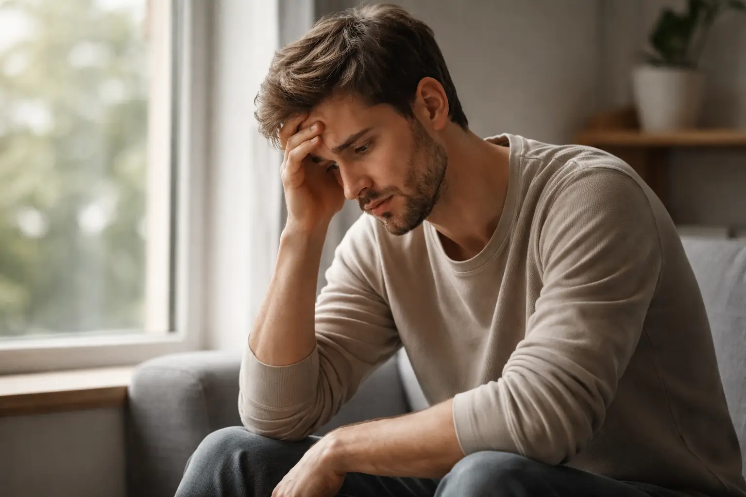 Person sitting and overthinking deeply in a calm indoor setting