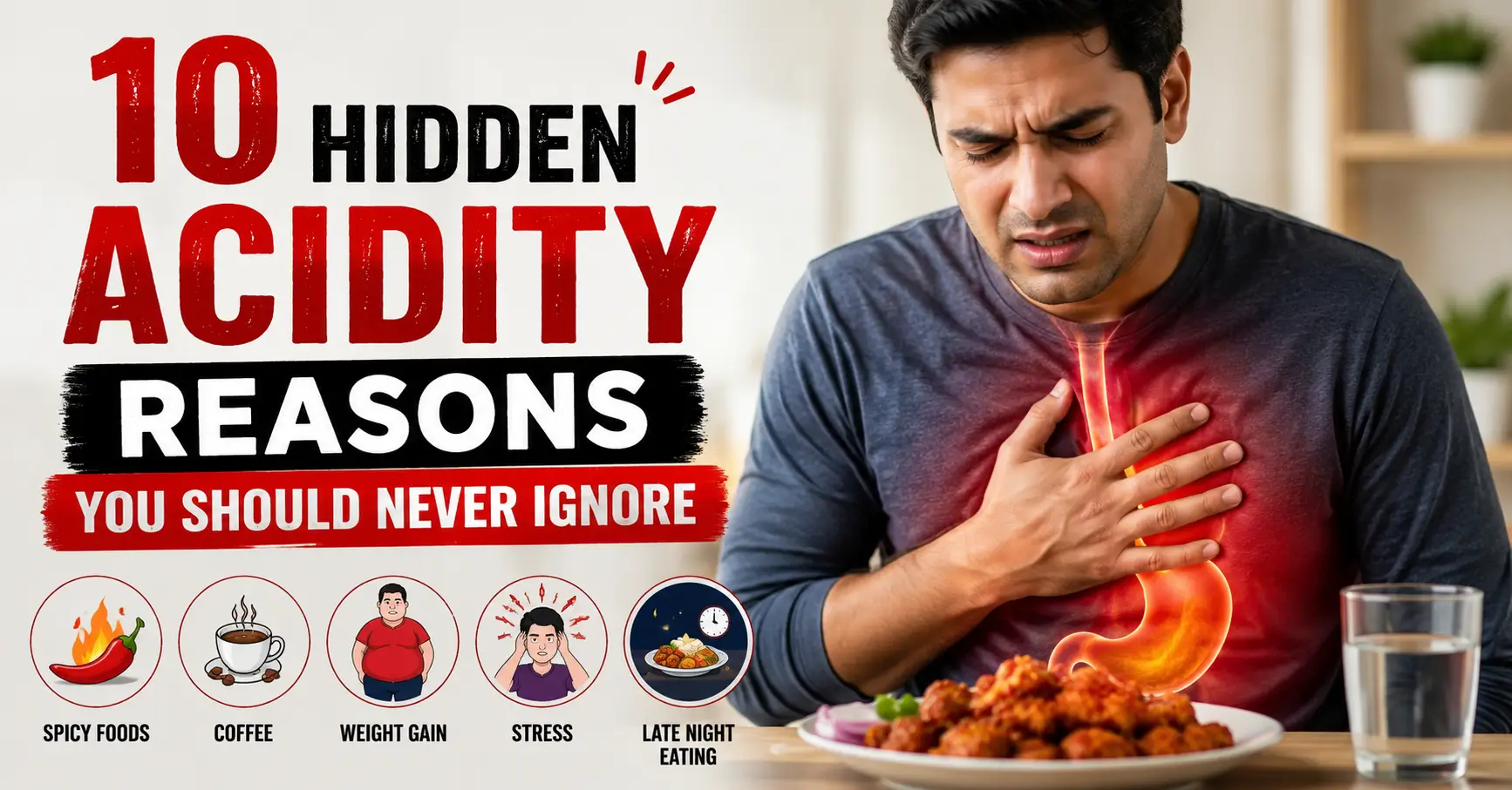 10 Hidden Acidity Reasons You Should Never Ignore 1 Person experiencing acidity and heartburn after eating spicy food