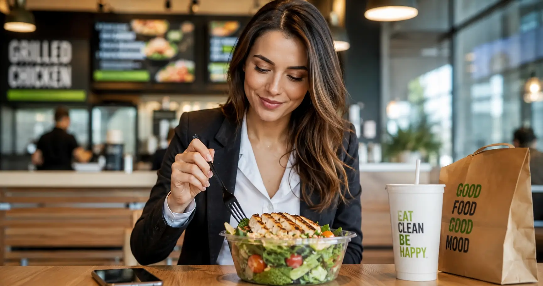 Healthy fast food meal with grilled chicken and salad