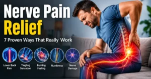 Person experiencing severe nerve pain in lower back and leg at home