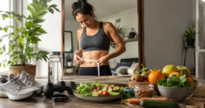 Person measuring waist while following healthy lifestyle habits to reduce belly fat.